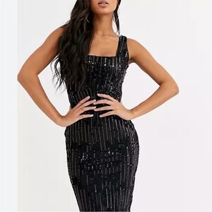 NWT Rare London Black Velvet Sequin Satin Trim Dress